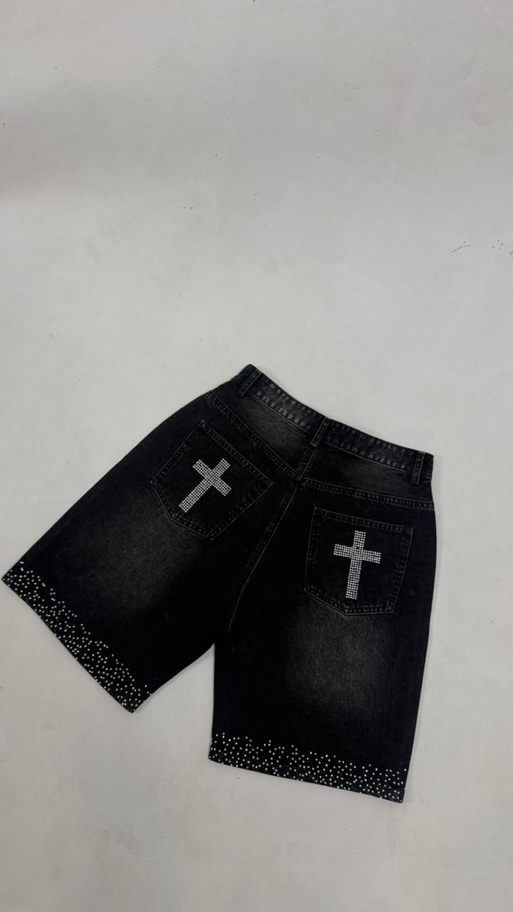 Young In Christ Rhinestone Denim Shorts