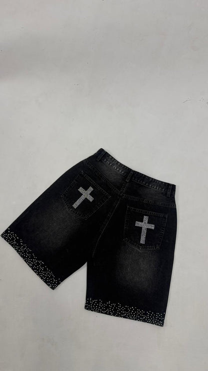 Young In Christ Rhinestone Denim Shorts