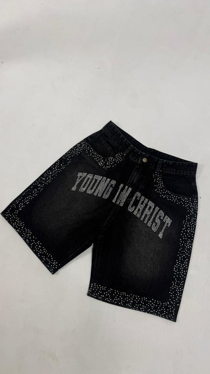 Young In Christ Rhinestone Denim Shorts